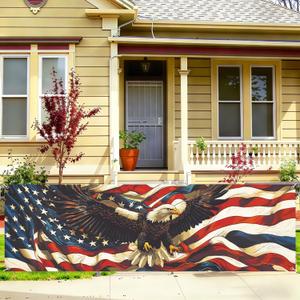 American Flag Eagle Fence Banner 118 x 35 Inch, Large Waterproof Outdoor Patriotic USA Banner with Bald Eagle for Yard Porch Fence 4th of July Independence Day Decorations