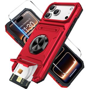 For iPhone 17 Pro Max Wallet Case with Card Holder + 1 Screen Protector, (2 Cards) & 360Ring Kickstand Military Grade Drop Shockproof Rugged Case for iPhone 17 Pro Max 6.9"(Red)