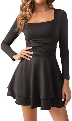 Syiwidii Black Long Sleeve Cocktail Mini Dress for Women Square Neck Birthday Dinner Club Night Bodycon Sexy Short Dresses Size M