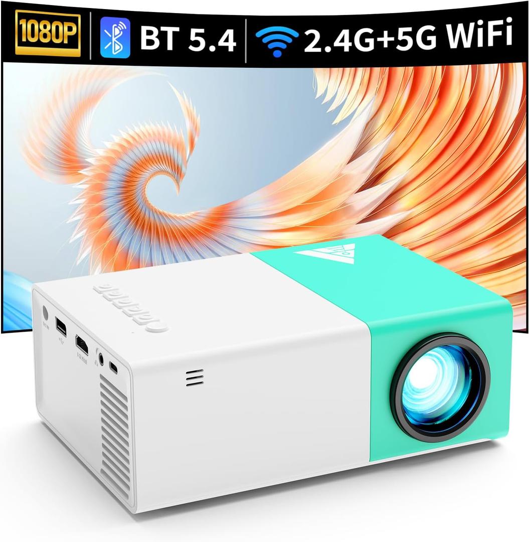 Mini Projector with Wifi Portable Projectors Support 1080P 200" Mini HD Movie Projector, Outdoor Projectors Compatible with Phone/ Tablet/ Laptop/ TV Stick/ HDMI/ USB - Green White