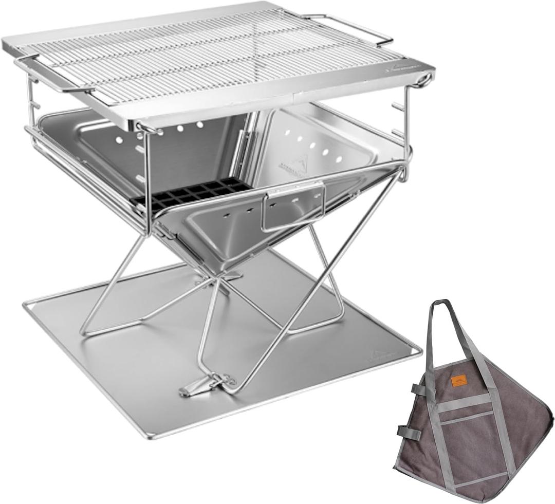 CAMPINGMOON 3 in1 Flatpack Portable Fire Pit Grill 16 inch Heavy Duty Stainless Steel Wood Burning Camping Stove Adjustable Height Backyard Outdoor Cooking RV Trips Carry Bag included MT-055