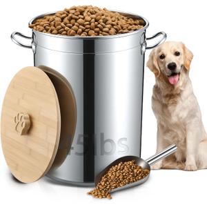 Maxdot 45 Lbs Stainless Steel Food Storage Container for Dog with Airtight Bamboo Lid Spoon & Wooden Claw Handle, Large Metal Pet Food Bin to Keep Fresh Easy Clean & Use for Dog Multiple Pet