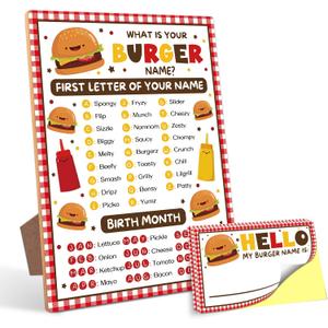 What is Your Burger Name Game,30 Stickers, Burger Party Decor, Perfect for Birthday Party Activities 68 Wooden Play Sign with Stand