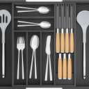 Bamboo-Silverware-Drawer-Organizer-Kitchen, Expandable Utensil Holder Cutlery Tray Flatware Organization Adjustable Wood Tableware Dividers Storage (with Removable Knife Block)(Black) (Large)