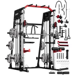 GarveeLife Smith Machine Home Gym All in One, 2200 LBS Squat Rack Power Cage with Smith Bar, LAT Pull-Down, Cable Systems, Leg Hold-Down and More Attachments, Workout Equipment (Red Black)