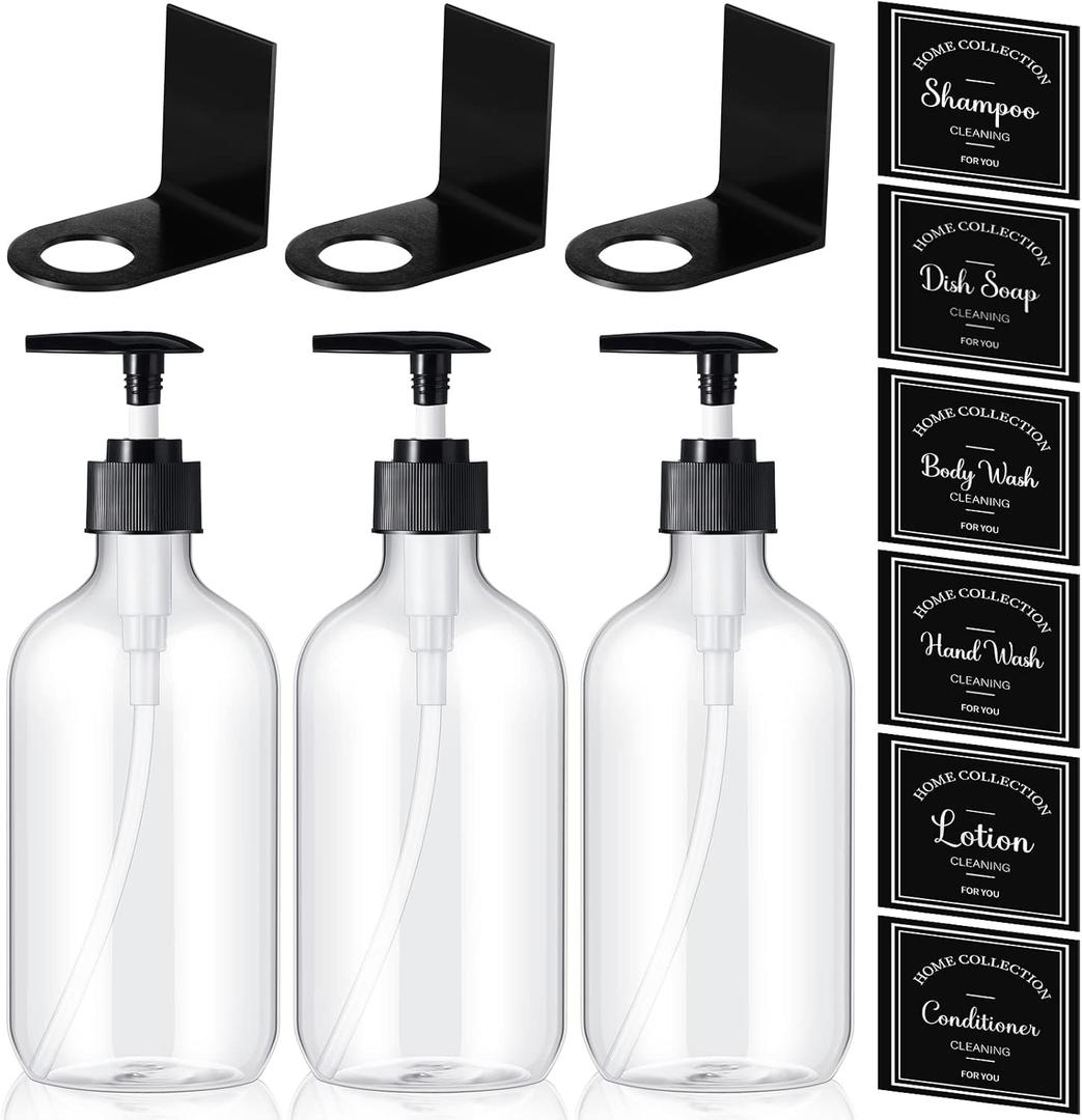 3 Sets Shampoo Dispenser for Shower Wall, Empty Shampoo and Conditioner Dispenser Refillable Shower Dispenser 3 Chamber No Drill 17oz with 3 Hook Brackets 6 Label Sticker for Bathroom Wall(Clear)