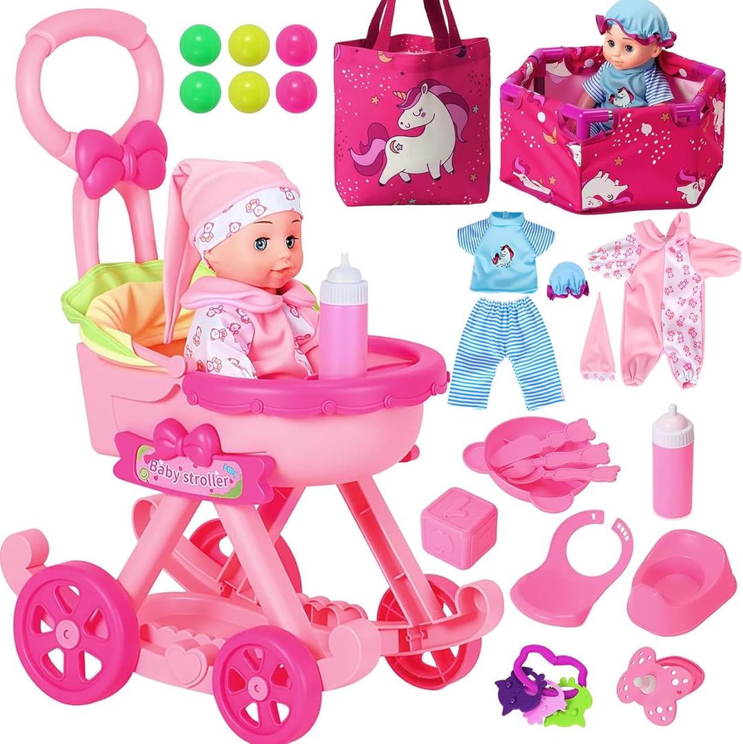 HUITEM Baby Doll Stroller Toys Set, 17 PCS Baby Doll Accessories Stroller Toys with Baby Dolls,2 Sets Doll Clothes, Playpen, Handbag, Feeding Nursery Pretend Play Gifts for Girls Toddlers 3 4 5