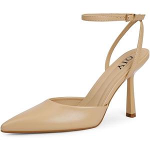 QIY Closed Toe Ankle Strap Heels Women Pumps Pointed Toe Heeled Sandals for Women Stiletto Wedding Dress Shoes  (Nude), 7.5