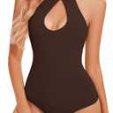 CHYRII Womens Sexy Halter Bodysuit Tops Sexy Cutout Sleeveless Going Out Tops (Coffee, XL)