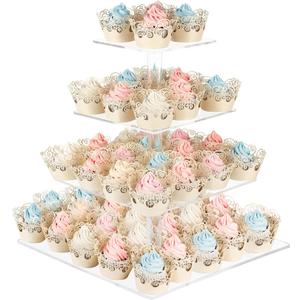 AMEITECH Cupcake Stand with Base, 4-Tier Square Acrylic Cupcake Display Stand Dessert Tower Pastry Stand Premium Cupcake Holder for Wedding Birthday Theme Party - Transparent