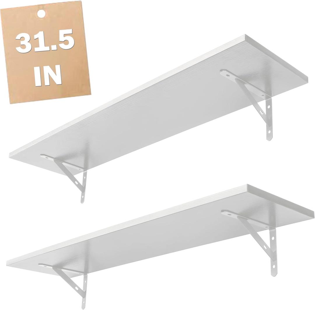 RedCall Floating Shelves for Wall,31.5 Inch Wall Mounted Shelves Set of 2,Long Board Shelves for Bedroom,Living Room, Bathroom & Kitchen Storage with Metal Brackets (White)