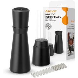 Aieve WDT Tool Espresso, Metal Distribution Tool with 10 x 0.4mm Stainless Steel Needles Espresso Stirrer, Coffee Distributor Aluminum Alloy Handle & Stand with 10 Extra Needle