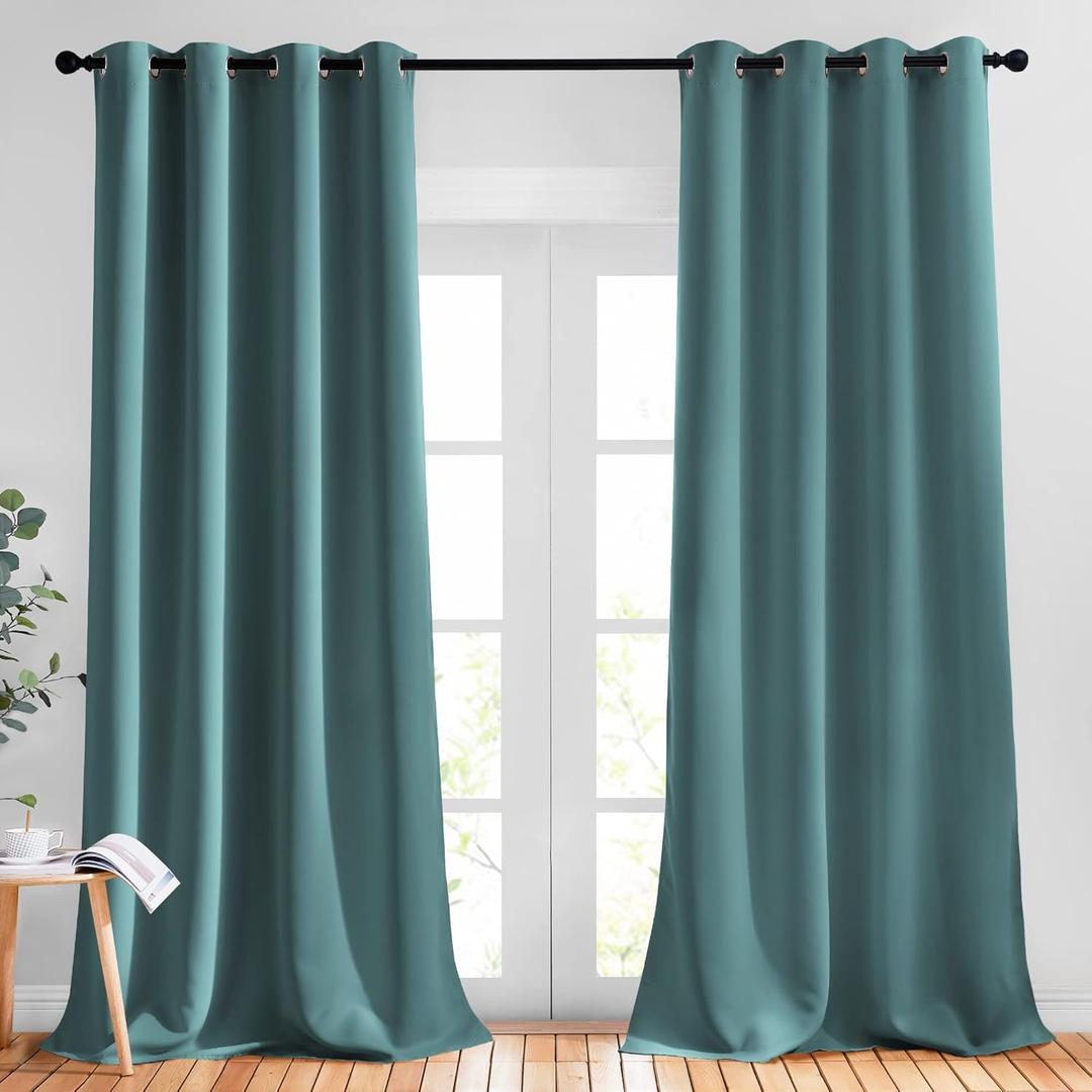 NICETOWN Blackout Curtains for Kids Room - Triple Weave Microfiber Home Thermal Insulated Solid Ring Top Blackout Panels/Drapes for Bedroom(Sea Teal, Set of 2, 52 x 95 Inch)