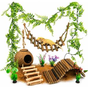 Crested Gecko Tank Accessories, Reptile Bridge and Plants with Coconut Shell Ladder Hideout, Natural Terrarium Decor for Lizard, Chameleon, Leopard Gecko, Snake, Hermit Crab and Tortoise (Group B)