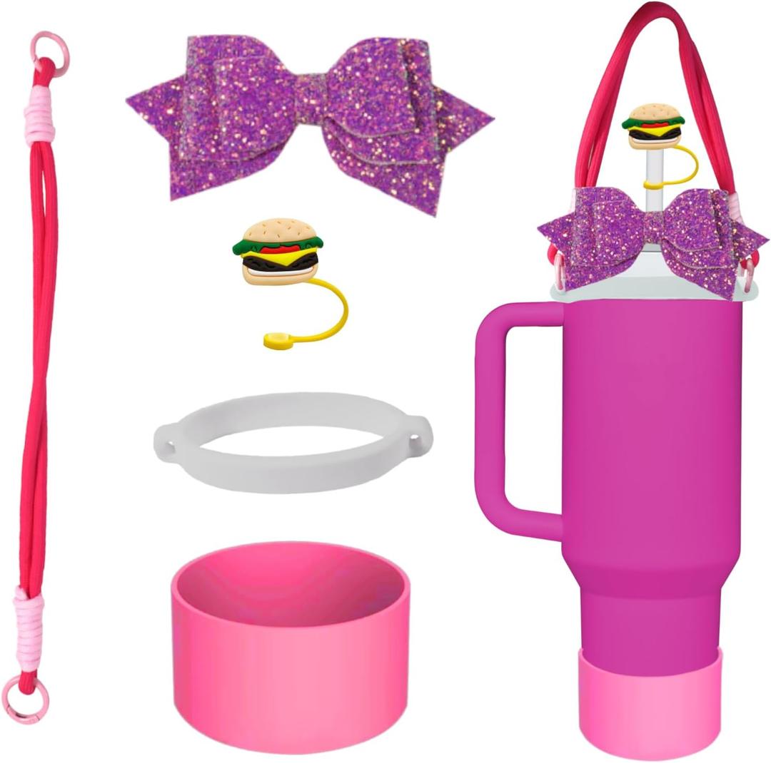 2 x 4Pcs Cup Accessories Set for Stanley, Including 1 PCS Mushroom Straw Topper Cover, 1PCS Straw Bow Decorate, 1 PCS Handle Strap, 1 Pcs Silicone Stanley Cup Boot for Stanley Cup 40/30 oz