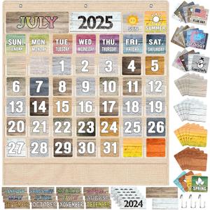 Fulmoon Classroom Calendar Pocket Chart Set Calendar Bulletin Board Set with Pocket Seasons Festival Weather Date Bag Chart for Classroom Decoration Back to School Supplie(Kraft Colors,Rustic)