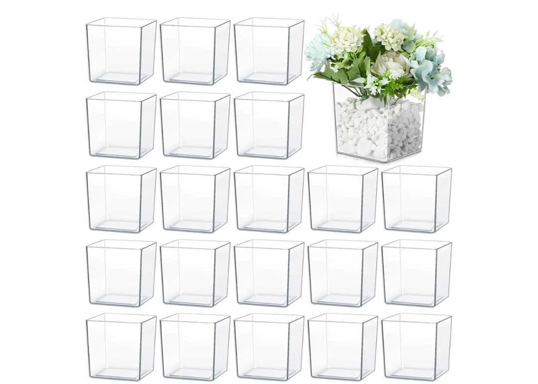 Tioncy 4'' x 4'' 24 Pcs Cube Clear Flower Vase Acrylic Flower Vase Square Acrylic Container Cube Decorative Centerpiece for Plant Home Office Floral Decor