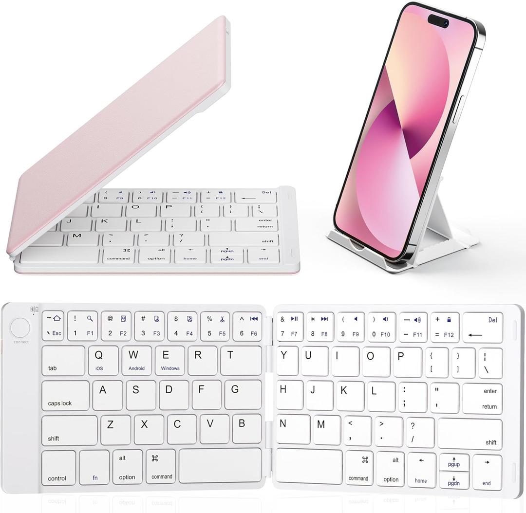 Samsers Foldable Bluetooth Keyboard - Portable Wireless Keyboards with Stand Holder, Rechargeable Full Size Ultra Slim Folding for iOS Android Windows Smartphone Tablet and Laptop, White-Pink (BT x 1)