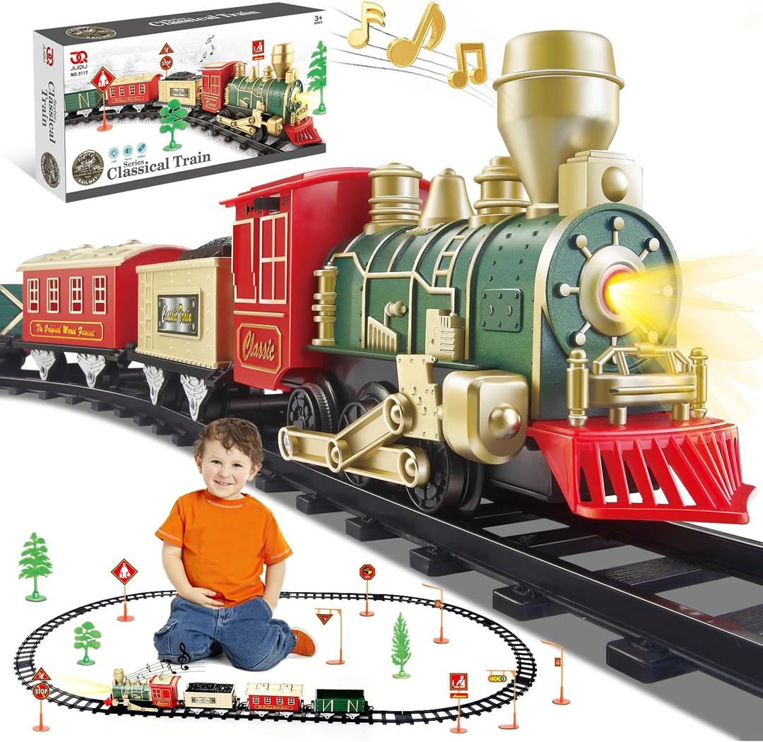 Electric Train Set for Kids Ages 3-8, Battery Operated Toy Train with Lights and Sounds, 3 Cars and 10 Tracks for Christmas and Year-Round Play