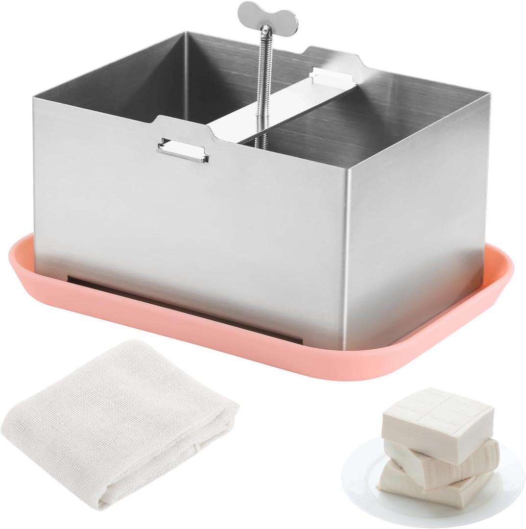 Stainless Steel Tofu Press Kit, Adjustable Tofu Maker Mold with Presser Towel and Drip Tray,Paneer Making Machine for Homemade Firm Tofu Chees (L)