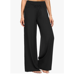ZOOSIXX Soft Black Pajama Pants for Women, Wide Leg Comfy Casual Lounge Yoga Capri Pants 22'' / 30'' M