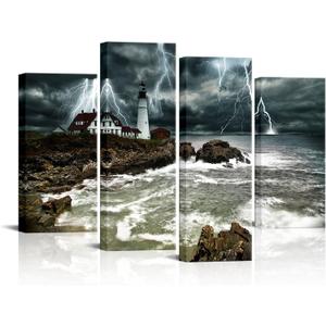 OuElegent 4 Piece Lighthouse Wall Decor Ocean Lightning Storm Pictures Artwork Lighthouse Art Canvas for Living Room Bedroom Wall DecorGallery Wrapped Ready to Hang(48''x32''), 12" x 24" x 2pcs + 12" x 32" x 2pcs