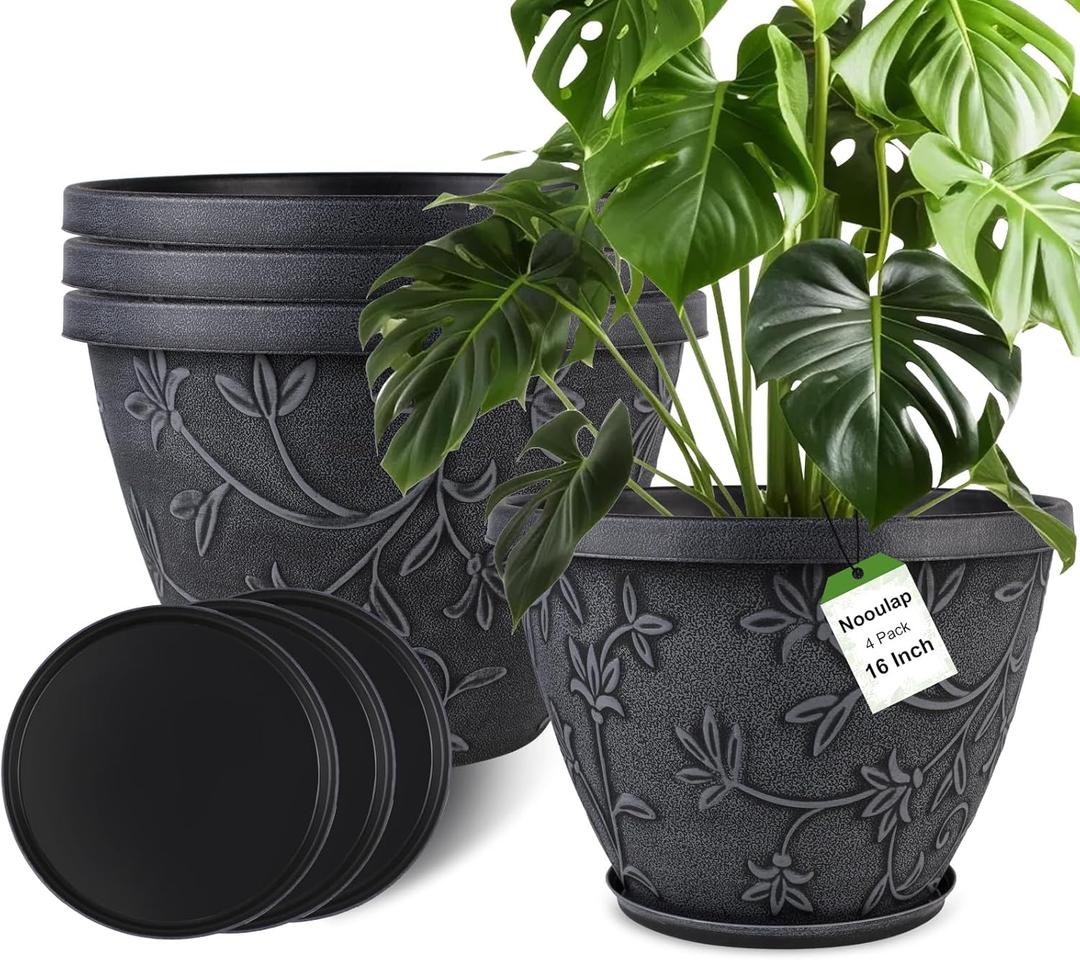 4 Pack 16 Inch Large Plant Pot for Outdoor, Plastic Flower Pot Indoor with Drainage Hole & Saucer, Modern Decorative Garden Pot, Imitation Magnolia Garden Pots for House PlantersGray