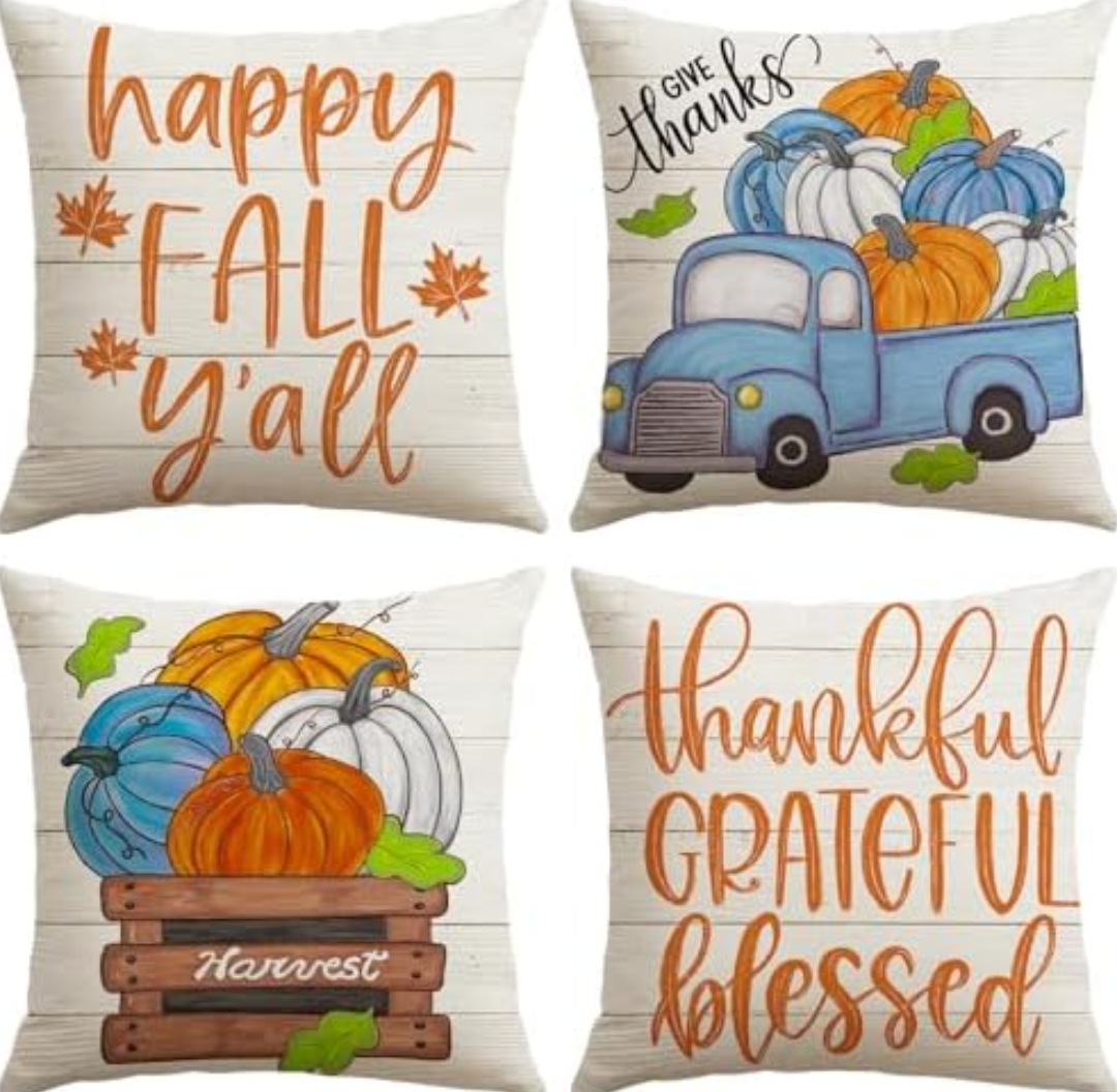 Pack Of 2 Artscope Fall Decorative Throw Pillow Covers 18x18 Inch Set of 4, Happy Fall Pumpkin Truck Thankful Grateful Blessed Outdoor Farmhouse Pillow Cases for Home Sofa Couch-Orange Beige