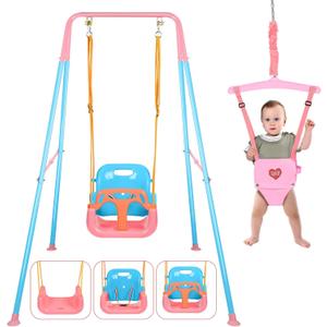 4 in 1 Toddler Swing Set & Baby Jumper, Heavy Duty Kids Swing with Bouncer, Foldable Metal Stand for Indoor & Outdoor, Easy Install & Store (Blue Pink)