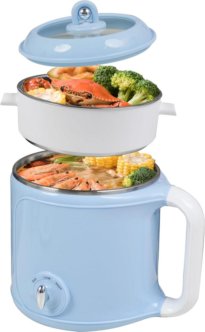 Hot Pot Electric with Steamer2.0 L Ramen CookerMini Portable Hot Pot for Cooking,Pasta, Shabu-Shabu, Oatmeal, Soup and Egg, Electric Cooker for Dorm, OfficeBlue