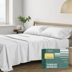 THREAD SPREAD 100% Organic Cotton Printed Sheets Queen Size - 4 PC Organic Cotton Percale Sheets Queen Set (Pinstripe - Light Grey), Cooling & Breathable Sheet, 16" Deep Pocket - GOTS Certified