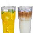20oz Ribbed Glass Tumbler with Straw & Lid 2 Pack Iced Coffee Cups,Glass Mug for Cold & Hot Beverages Travel Cup for Smoothies, Tea, and Juice