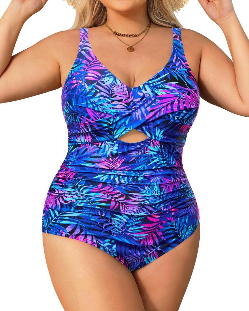 Daci Blue Leaves Plus Size One Piece Swimsuits - Tummy Control Bathing Suit for Women Cutout Swimwear 20W