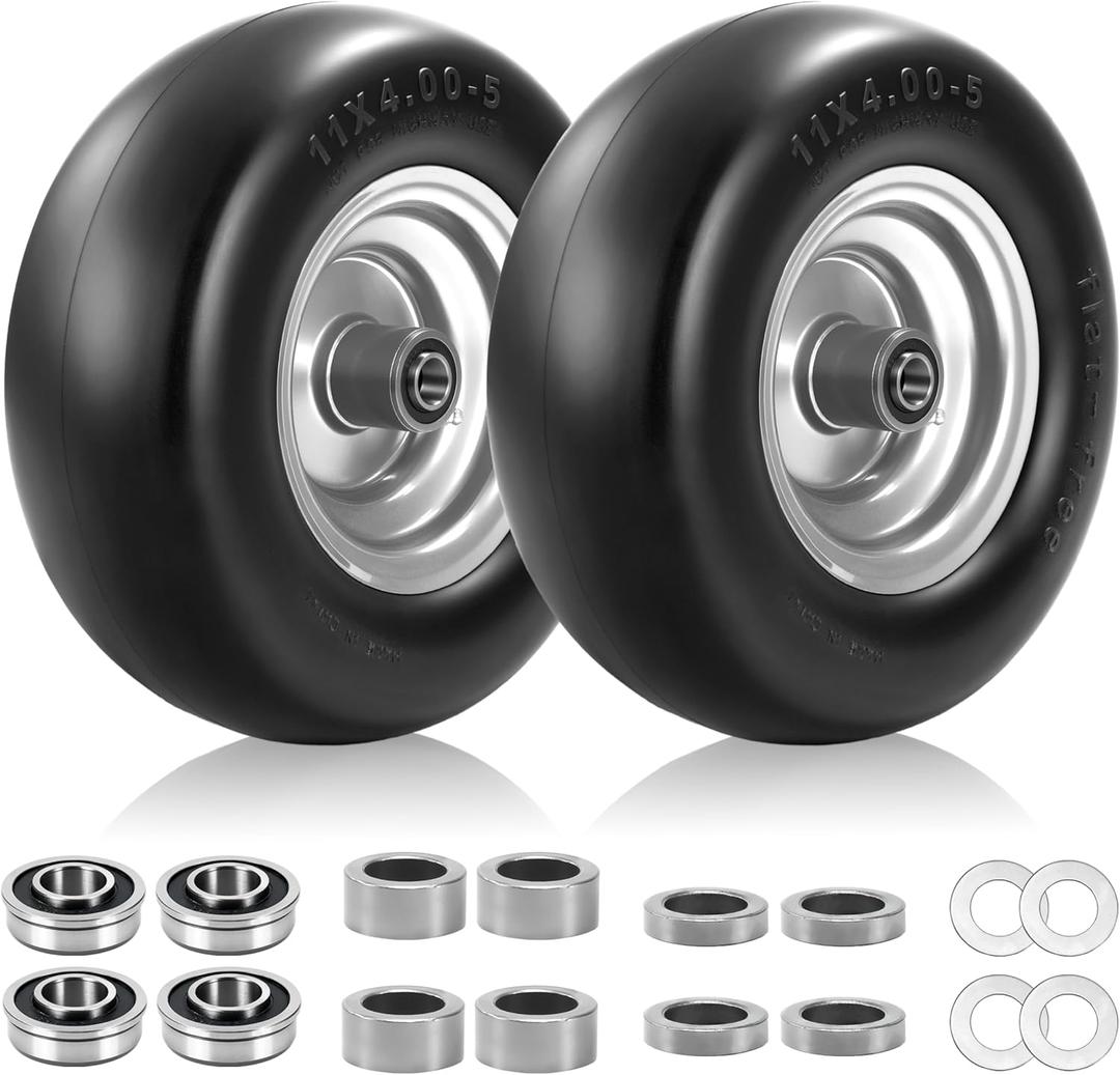 2 PCS 11x4.00-5 Flat Free Tires and Wheel, 11x4-5 Smooth Tire with Solid Polyurethane, 3.4"-4.8" Centered Hub, 3/4"& Extra 5/8" Bearings,11x4.00-5 Tire Zero Turn Mowers and Riding Lawn Mower, 350lbs