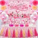 Mother's Day Decorations Pink Floral Happy Mothers Day Backdrop Honeycomb Table Centerpieces Balloons Foil Curtains Paper Pom Poms Wall Hanging Dining Decor Mothers Day Party Supplies