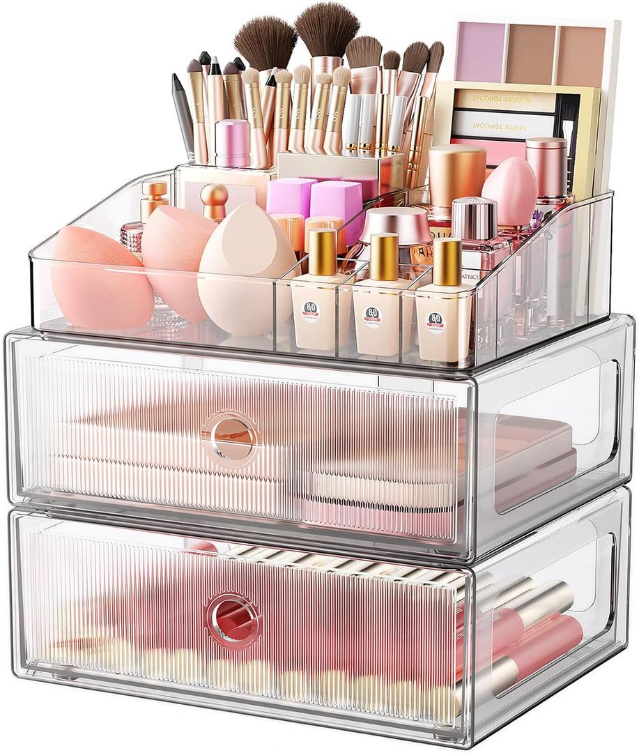 3 Tier Clear Makeup Organizer with Drawer, PET Cosmetic Storage for Dresser, Countertop & Bathroom Vanity, Holders for Lipstick, Brushes, Skincare & Beauty Supplies