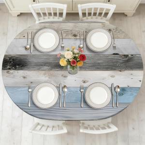 Wood Grain 48 x 68 Inch Oval Fitted Tablecloth with Elastic Edged, Waterproof Oil Proof Wipeable Oblong Table Cover for Indoor Outdoor Patio Table, Fits Oblong Oval Tables Up To 48" W x 68" L