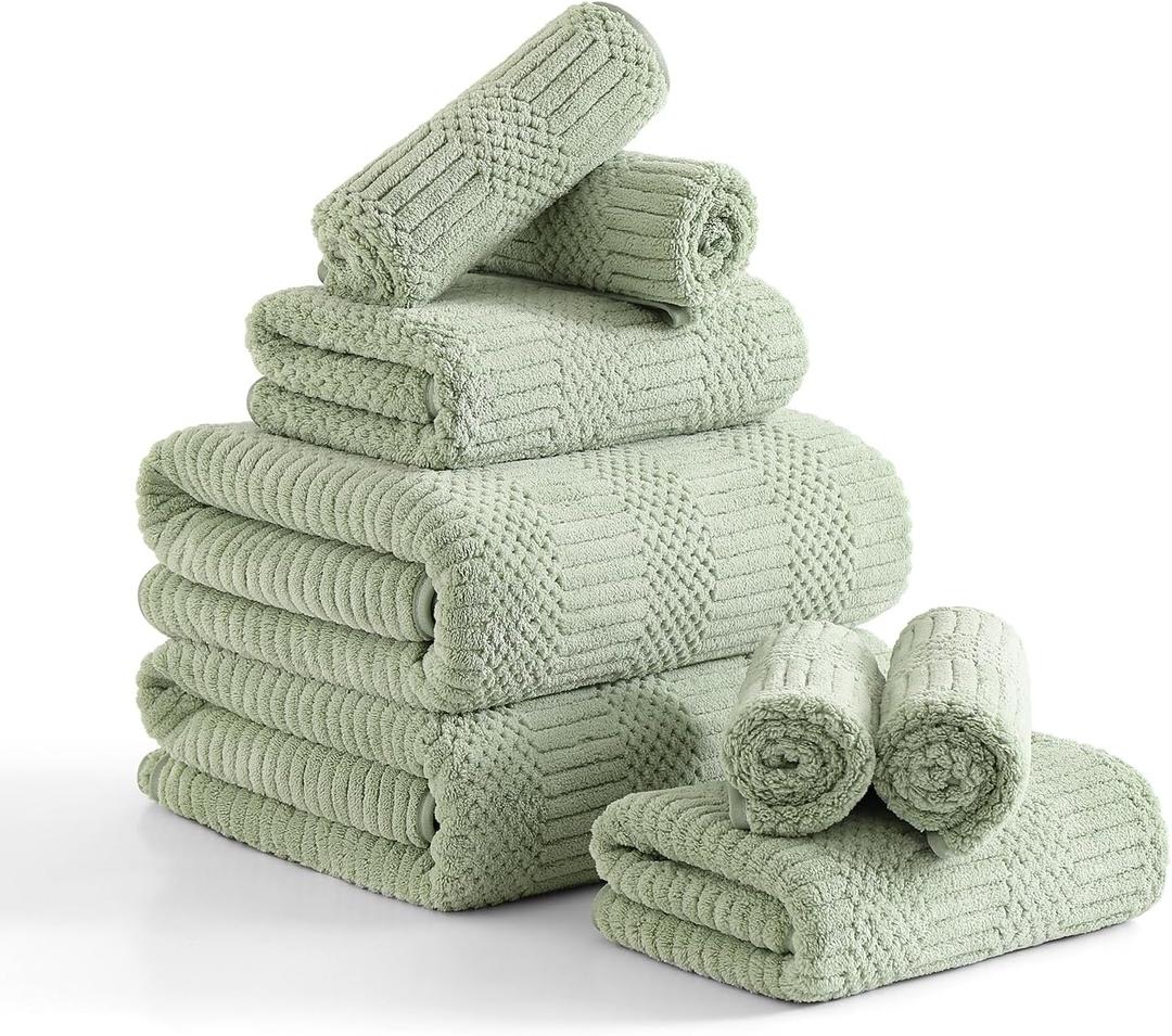 8 Piece Bath Towel Set-2 Oversized Bath Sheets(35"x70"), 2 Hand Towels, 4 Washcloths-Extra Large Microfiber Towel Sets, Less Lint Highly Absorbent & Quick Dry Bath Towels for Bathroom Gym Pool, Green