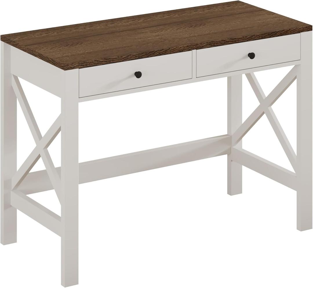 ChooChoo Farmhouse Desk 39" Computer Desk with Drawers, Small Study Writing Table with Stable X Frame for Home Office (Soft White)