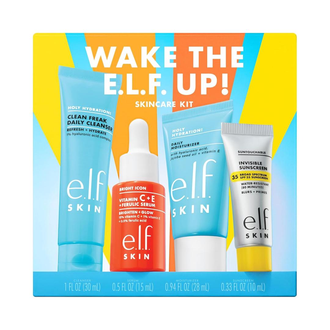 e.l.f. SKIN Wake the e.l.f. Up Skincare Kit, Travel-Size Hydrating Face Cleanser, Sunscreen, Moisturizer & Brightening Serum, Vegan & Cruelty-Free