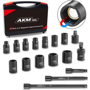 1/4 Inch Drive Magnetic Impact Socket Set, 17-Piece Metric, 5mm-15mm, 6 Point, Cr-Mo, Square Drive, Magnetic Socket with Impact Socket Adapter, Universal Joint & Extension