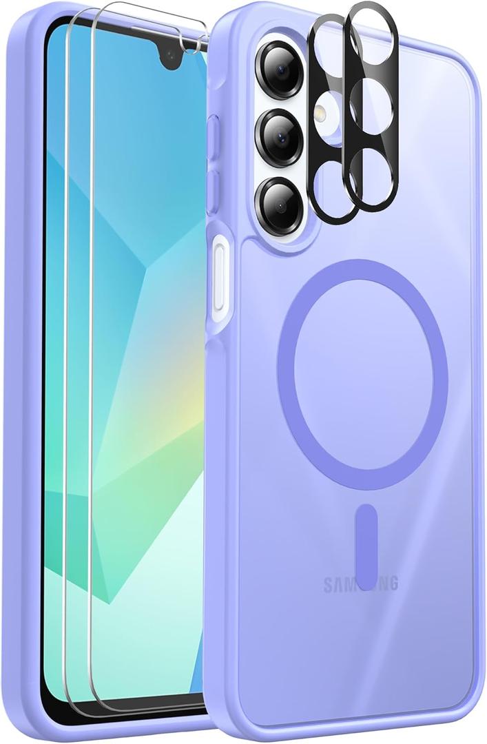 Ezanmull for Samsung Galaxy A16 5G Phone Case Magnetic Shockproof, [Fit for MagSafe] [Glass Screen Protector + Camera Lens Protector] Translucent Anti-Fingerprint (Light Purple)