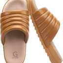 GPOS Womens Slides with Memory Foam Soft Cushioned Cozy House Slippers for Woman Comfy Open Toe Ladies Sandals Leather Slip on Bedroom Shoes Plantar Fasciitis Indoor Outdoor (8, Allkhaki)