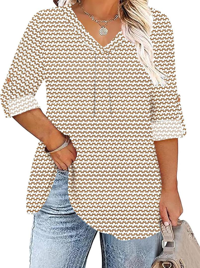 TFSDOD Plus Size Women Blouses 3/4 Sleeve Long Sleeve V Neck T Shirts Summer Business Casual 1X-5X