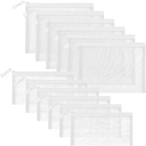 12 Pieces Zipper Nylon Mesh Pouch, Mesh Cosmetic Bags Makeup Bags Pencil Case, Multipurpose Travel Bags for Cosmetic School Office Supplies and Travel Accessories (White, A5+B6)