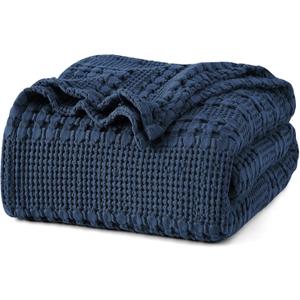 PHF 100% Cotton Waffle Weave Blanket King Size, Soft Lightweight Breathable Cozy Summer Blankets for Bed, Luxury Aesthetic Woven Bedding for Home Decor, 108"x90", Bright Navy Blue