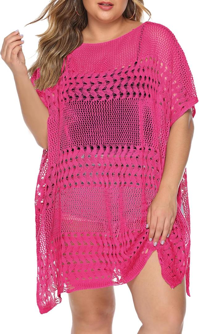 Chalier Womens Swimsuit Coverup Crochet Bathing Suit Cover Up, Plus Size Beach Cover Ups Hollow Out Bikini Dress (Hollow Rose, Size Plus (1 Pack))