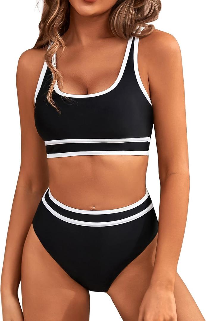 BMJL Women's High Waisted Bikini Sets Sporty Two Piece Swimsuits Color Block Cheeky High Cut Bathing Suits (Medium, Black)