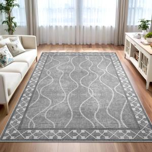 4x6 Area Rugs for Living Room Bedroom, Machine Washable Low Pile Rugs, Non Slip Modern Bordered Print Indoor Carpet for Entryway Office Dining Room Dorm Home Decor,Light Grey