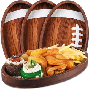 Hushee 3 Pcs Football Serving Trays and Platters 13 Inch Wooden Shaped Football Serving Dishes Tailgate Party Platter Snack for Game Party Decoration(Elegant Style)